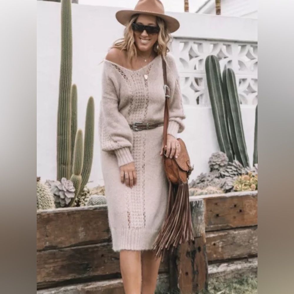 Spell and the gypsy knit mohair blend midi dress in stone  Size s/m